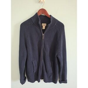 L.L. Bean Men's Full Zip Blue Knit Chunky Cardigan Sweater Large 100% Cotton